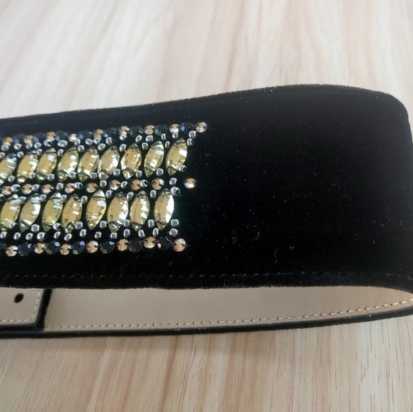 St John women’s Belt. Sz S Black Velvet with Rhinestones  2.6” wide. 34.5” long